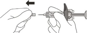Two hands bringing a syringe with needle toward a protective needle cap for disposal