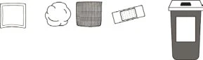 Line drawing of a square gauze pad, a cotton ball, a mesh bandage, a plaster bandage, and a sharps container for medical waste
