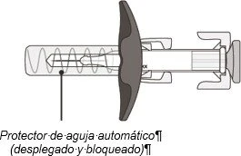 Technical diagram of a medical device with a needle protected by a transparent cover and a dark wing-shaped locking mechanism