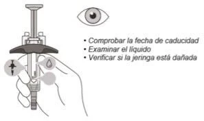 Illustration of a hand holding a syringe with icons representing expiration date, droplet, and damage, next to an eye and Spanish control instructions