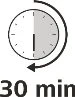 Clock icon with the right half shaded and a curved arrow indicating counterclockwise direction above the text '30 min'