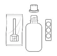 Line drawing of a vial with a separate cap, a sachet containing a syringe, and a blister pack with three circular tablets