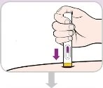 A hand holding a pen-shaped medical device and pressing it vertically against the skin of a limb, with a purple arrow pointing downward