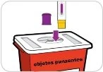Illustration of a red sharps container with a purple vial and a needle being inserted into it