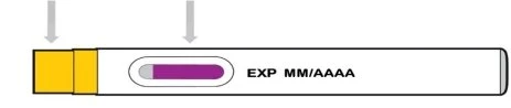 Diagram of a white medical device with a yellow cap and an oval window displaying a purple strip indicating the expiration date