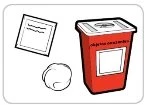 Drawing of a red sharps container next to a sheet of paper and a white cotton ball on a neutral background