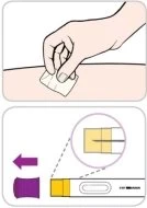 A hand pressing a small white device onto a skin surface, with an enlarged detail showing a yellow strip with a black line