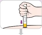 A hand holding a white and yellow medical device to apply on the skin, with a purple arrow pointing downward