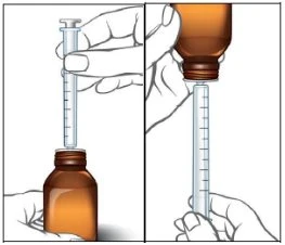Due illustrazioni mostrano mani che utilizzano una siringa per aspirare liquido da un flacone ambrato e poi capovolgono il contenitore per l