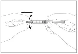 Two hands holding a syringe horizontally while a curved arrow indicates rotational movement of the upper part of the device