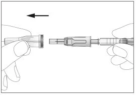 Two hands connecting a syringe barrel to a needle device through a lateral movement indicated by a black arrow pointing to the left