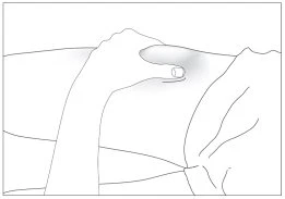 Line drawing of a hand pressing with the thumb on the skin of the