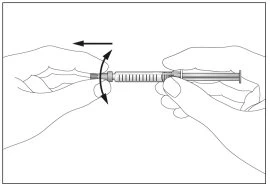 Two hands holding a syringe horizontally, with black arrows indicating a rotational and lateral sliding movement