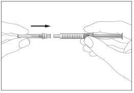 Two hands separating a needle from a syringe, with a black arrow indicating the detachment motion between the two components