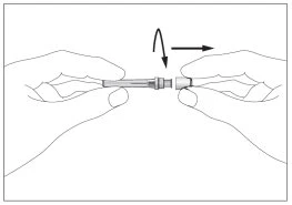 Two hands hold the two segments of a medical device, separating them with a rotational and rightward pulling motion