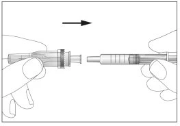 Two hands hold two separated parts of a syringe, ready to be joined, with a black arrow indicating the movement to the right