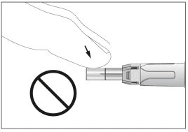Black and white drawing showing a hand pressing a finger against the tip of a medical device with a prohibition symbol nearby