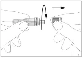 Two hands separate two parts of a medical device by rotating them clockwise and moving them laterally to the right
