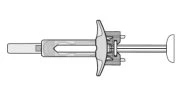 Black and white technical drawing of a horizontal syringe with a central wing-shaped grip and a plunger on the right