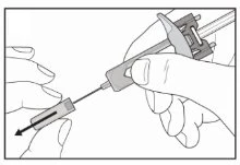 Two hands holding a syringe with a needle to extract liquid from a vial using a thin tip and a cylindrical body