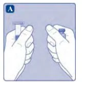 Two hands holding a drug vial and a syringe ready for dosage preparation on a light blue background