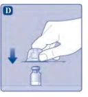 One hand pressing a protective cap downward onto a small glass vial with a blue arrow indicating the downward movement