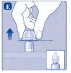 One hand vertically lifting a plastic cap off a medication vial with a blue arrow pointing upward