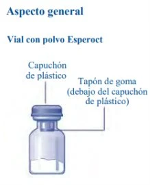 Діаграма флакона Esperoct з позначенням пластикового ковпачка та гумової пробки під ним на білому тлі