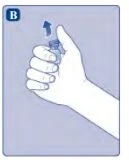 Una mano stringe un piccolo flaconcino di medicinale con una freccia blu rivolta verso l'alto che indica il movimento di apertura del tappo