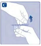 Due mani che sollevano e separano con un movimento verso l'alto una sottile lamina trasparente o un dispositivo medico su sfondo azzurro