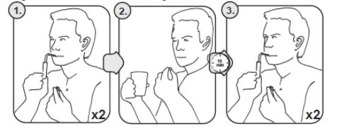 Three sequential illustrations show a man inserting a tube into his mouth, drinking from a glass, and repeating the action
