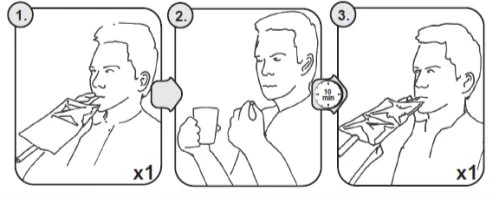 Three sequential illustrations show a man pouring powder into his mouth, drinking from a glass, and finally taking the medication after 10 minutes