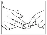 Two hands holding and manipulating a small white rectangular object on a neutral background in a line drawing in black and white