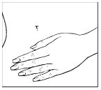 Black and white drawing showing a hand with fingers extended lying flat on a surface next to the silhouette of a human torso