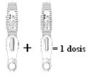 Disegno tecnico di due dispositivi medici simili affiancati da un segno più e un segno uguale con la scritta 1 dosis