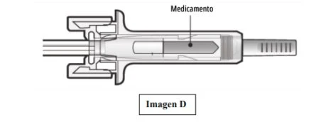 Diagramma tecnico di un dispositivo medico con una freccia che indica il contenuto interno denominato medicamento