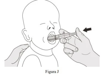 Disegno lineare di una mano che inserisce una siringa nella bocca aperta di un neonato mentre l'altra mano sostiene delicatamente la testa del bambino