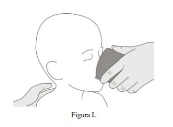 Disegno lineare di una persona con gli occhi chiusi mentre una mano tiene un dispositivo grigio contro il viso e l'altra mano sostiene il collo