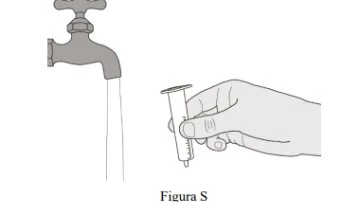 Disegno di un rubinetto aperto con acqua che scorre accanto a una mano che tiene una siringa vuota con la scritta Figura S
