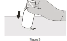 Una mano tiene un flacone bianco e lo preme verso il basso su una superficie piana indicata da una freccia nera rivolta verso il basso