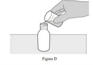 Una mano versa un liquido da un piccolo contenitore cilindrico in una fiala aperta appoggiata su una superficie piana con la scritta Figura D