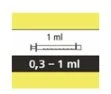 Schema grafico di una siringa con indicazione di 1 ml e una barra nera con il range di dosaggio 0,3 - 1 ml tra due fasce gialle