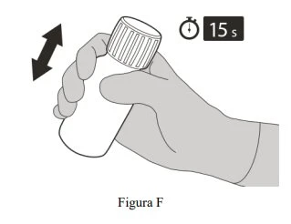 Una mano scuote verticalmente un flacone bianco con un tappo a righe accanto a un cronometro che indica 15 secondi