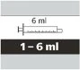Diagramma di una siringa con indicazione di volume 6 ml e una barra nera sottostante con la scritta bianca 1-6 ml