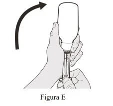 Una mano tiene una fiala capovolta mentre l'altra impugna una siringa per aspirare il liquido, con una freccia curva che indica il movimento verso l'alto