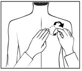 Schematic drawing of a person from the back with two hands applying a patch on the upper back following a curved arrow