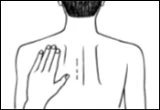 Stylized drawing of a person's back with the left hand placed on the upper part of the left shoulder blade