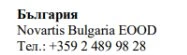 Testo in caratteri cirillici con la scritta Bulgaria, il nome Novartis Bulgaria EOOD e il numero di telefono +359 2 489 98 28