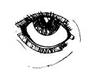 Stylized black and white drawing of an open human eye with long, prominent eyelashes on both the upper and lower eyelids
