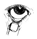 Black and white drawing of a human eye with long eyelashes and a finger pointing toward the lower part of the lower eyelid